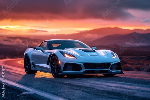 A stunning silver sports car parked on a winding road during a vibrant sunset, showcasing thrilling design and elegance.