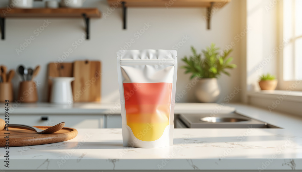 Brightly colored packaging on a kitchen counter with sunlight streaming in enhances the morning ambiance and warmth of culinary creativity Brightly colored packaging on a kitchen counter with sunlight streaming in enhances the morning ambiance and warmth of culinary creativity