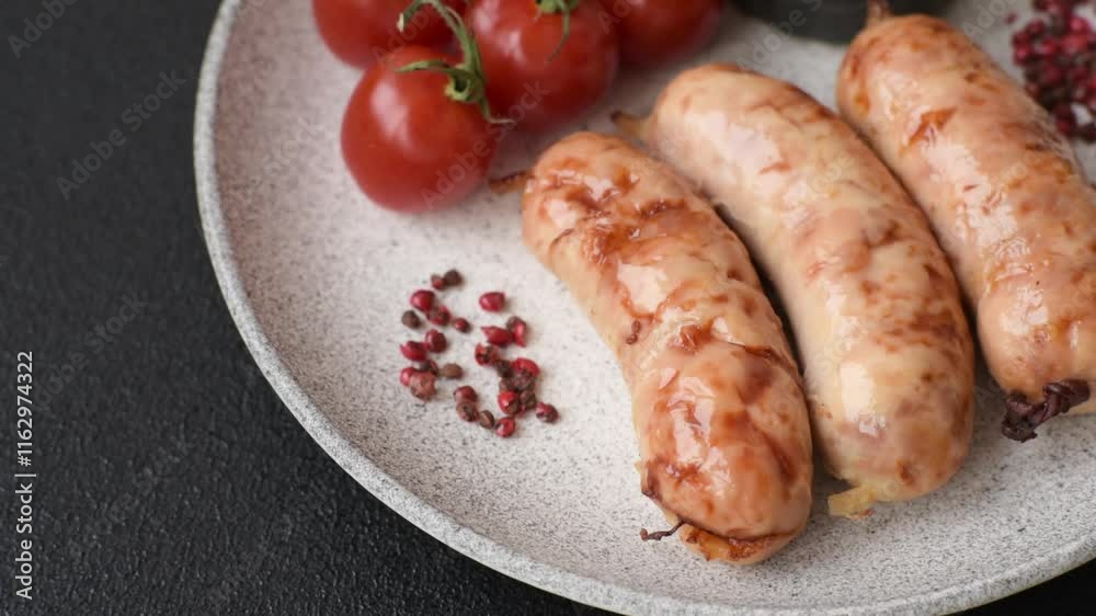 Grilled sausages with spices and herbs. Top view flat lay. With copy space Grilled sausages with spices and herbs. Top view flat lay. With copy space