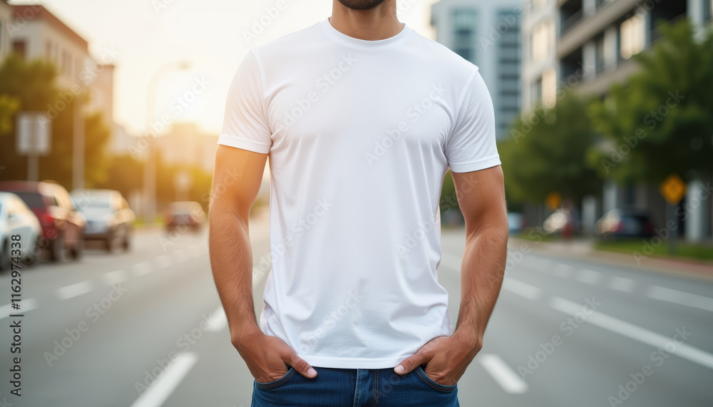 Casual summer stroll in the city showcasing a confident man in a plain white t-shirt against an urban backdrop Casual summer stroll in the city showcasing a confident man in a plain white t-shirt against an urban backdrop