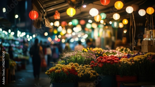 Wallpaper Mural Colorful flower market at night with glowing lanterns and busy shoppers enjoying a vibrant cultural atmosphere. Torontodigital.ca