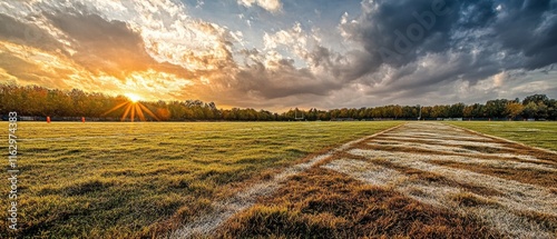 A field with a sun setting in the background