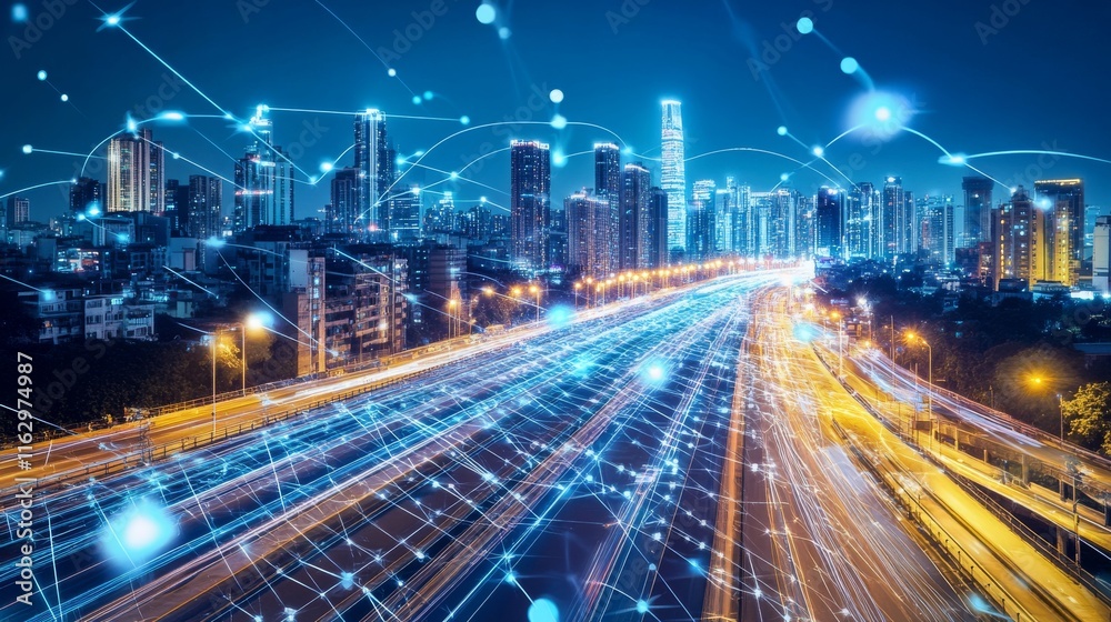City skyline connected through digital network. City skyline connected through digital network.