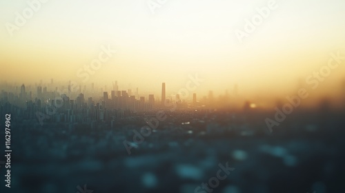 City skyline at sunset with a hazy atmosphere.