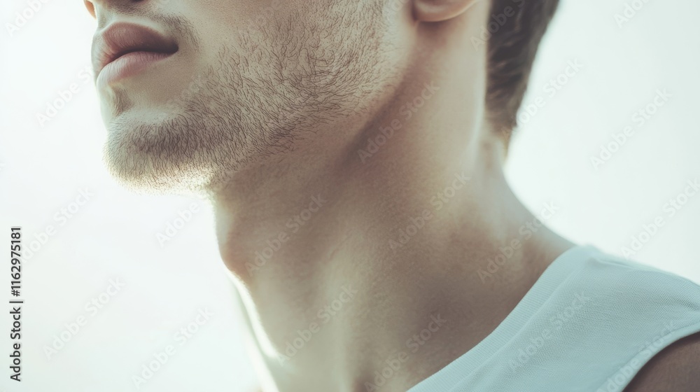 Naklejka premium Close-up of a man's neck and jawline.