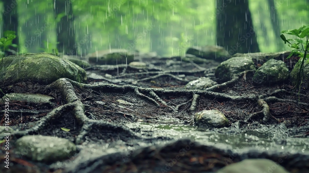 Rain-soaked forest path with roots and stones. Rain-soaked forest path with roots and stones.
