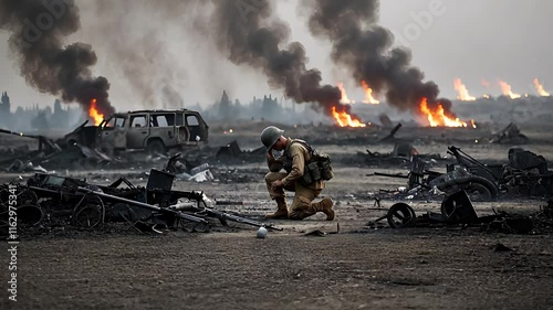 Soldier Kneeling Amidst Burning Battlefield Wreckage with Smoke and Destroyed Vehicles in a Warzone

 photo