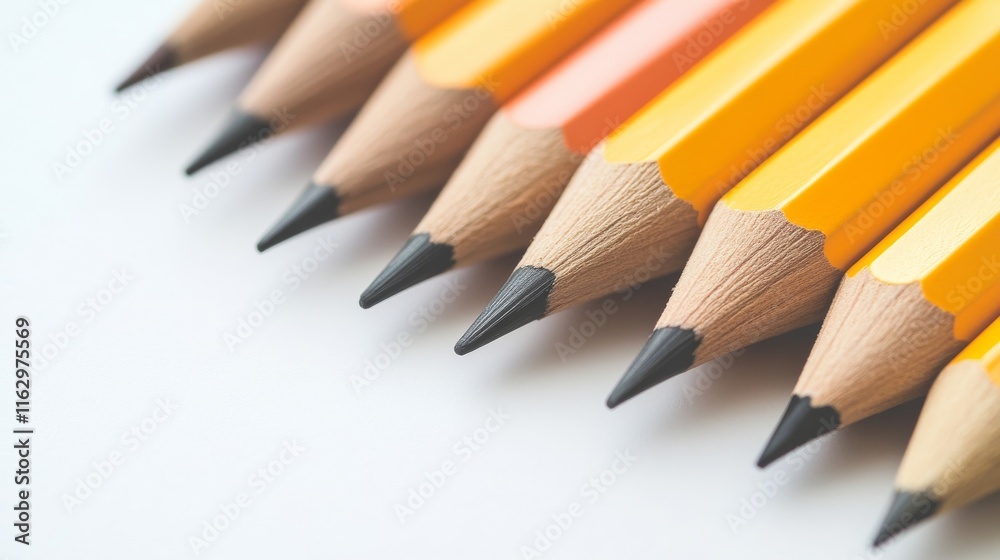 Close-up of sharpened yellow pencils in a row. Close-up of sharpened yellow pencils in a row.