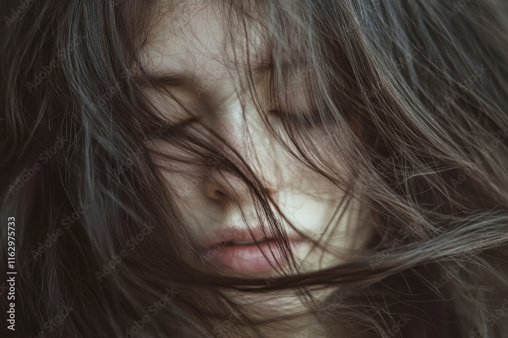 Capturing a moment of tranquility with flowing hair and soft facial features in natural light Capturing a moment of tranquility with flowing hair and soft facial features in natural light