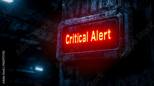 Fototapeta Naklejka Na Ścianę i Meble -  Critical alert flashing on a spaceship control panel in a dark interior scene