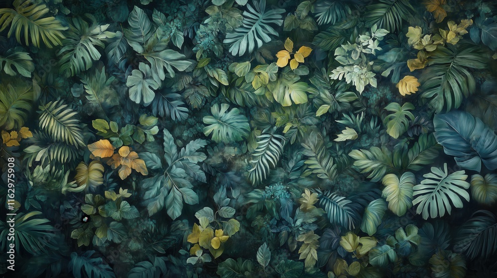 Fototapeta premium Lush tropical, Lush greenery exploration tropical rainforest botanical art vibrant environment overhead view nature's abundance