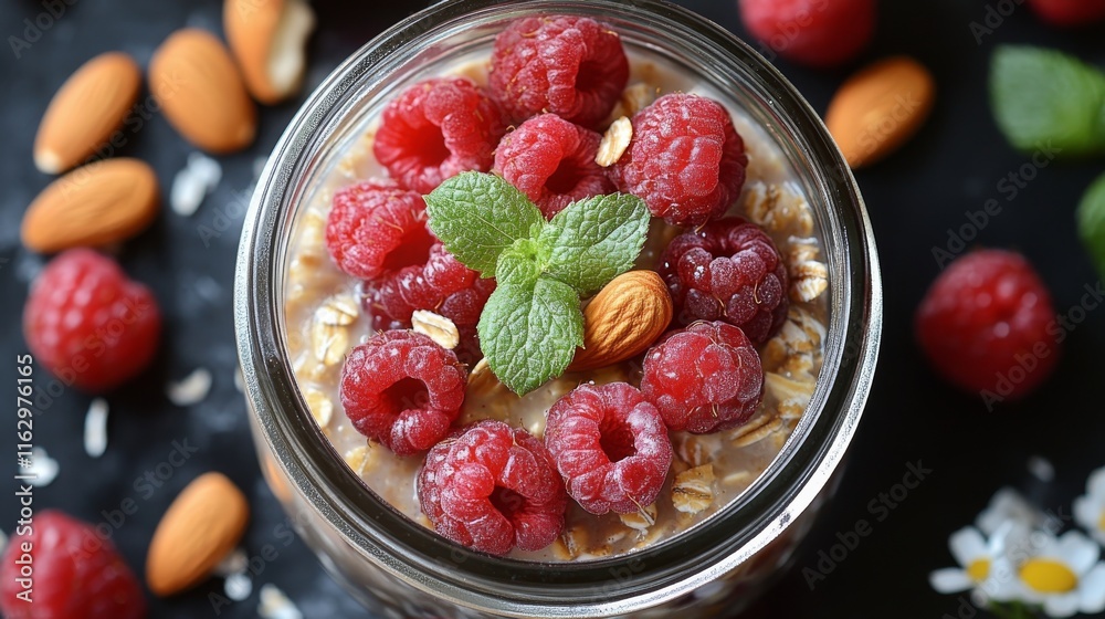 Delicious raspberry overnight oats topped with fresh mint leaves for a healthy breakfast Delicious raspberry overnight oats topped with fresh mint leaves for a healthy breakfast
