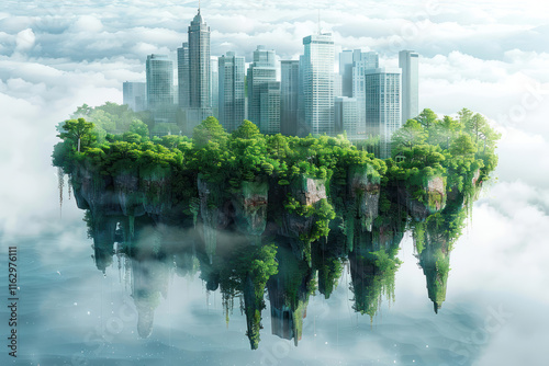 a futuristic landscape where a flying island with green trees and dense vegetation rises above the clouds, with the reflection of city skyscrapers. photo