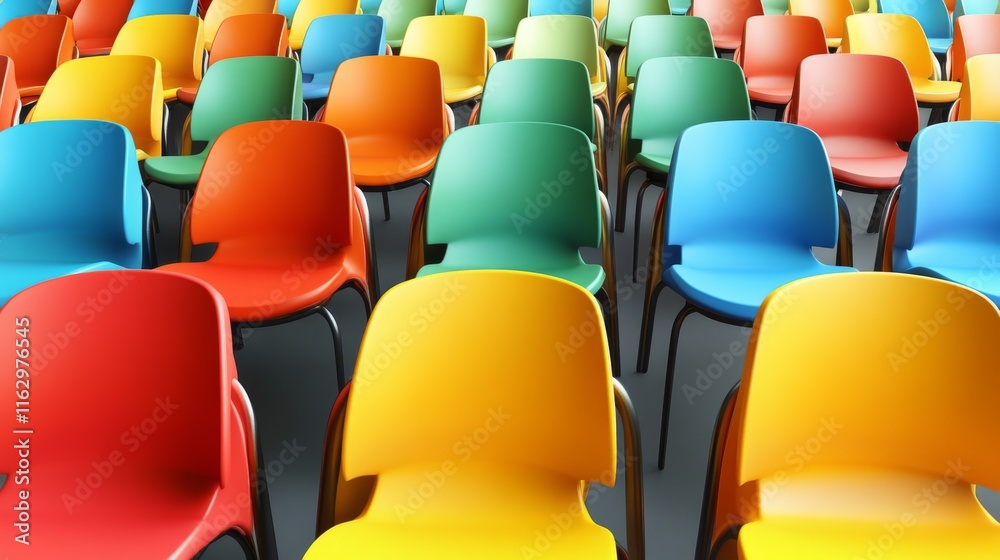 Fototapeta premium Colorful chairs arranged neatly in a hall
