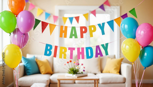 Colorful birthday banner and balloons in festive living room, celebration