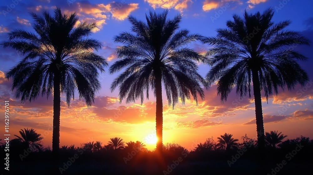 Obraz premium Sunset with tall palm trees silhouette, vibrant colorful sky, tropical landscape, relaxing beach vacation background, warm orange purple hues, summer holiday nature scenery peaceful evening