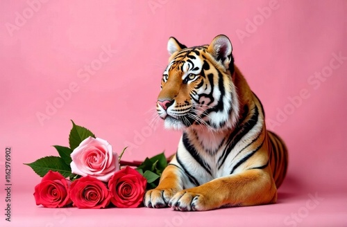 Happy Valentine's Day greeting card with tiger lying next to bouquet of pink and red roses. Flowers and wild animal on pink background. Funny advertising banner, poster. Space for text, copy space photo