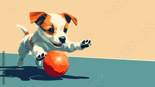 Playful small dog chasing bright orange ball on solid background