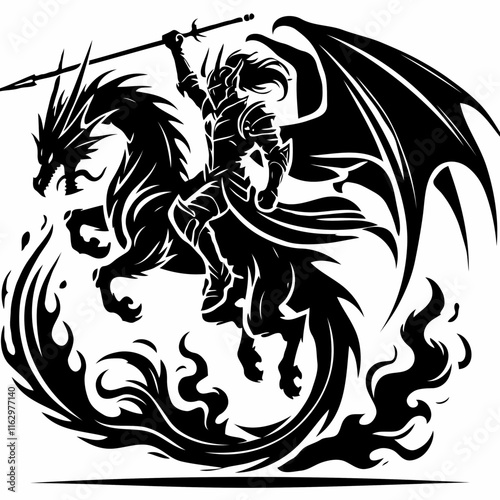 Black-and-white silhouette of armored rider with spear on dragon