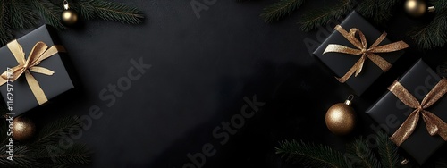 Stylish black and gold holiday theme with gift boxes pine sprigs and baubles