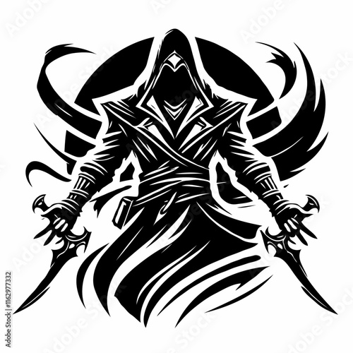 Stylized black-and-white illustration of cloaked figure with daggers