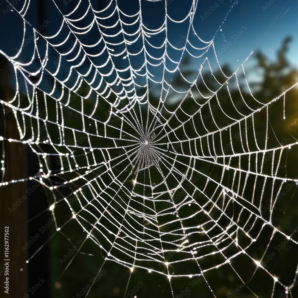 A dew-laden spiderweb shimmers in the darkness capturing the intricate beauty of nature's delicate artistry. A dew-laden spiderweb shimmers in the darkness capturing the intricate beauty of nature's delicate artistry.