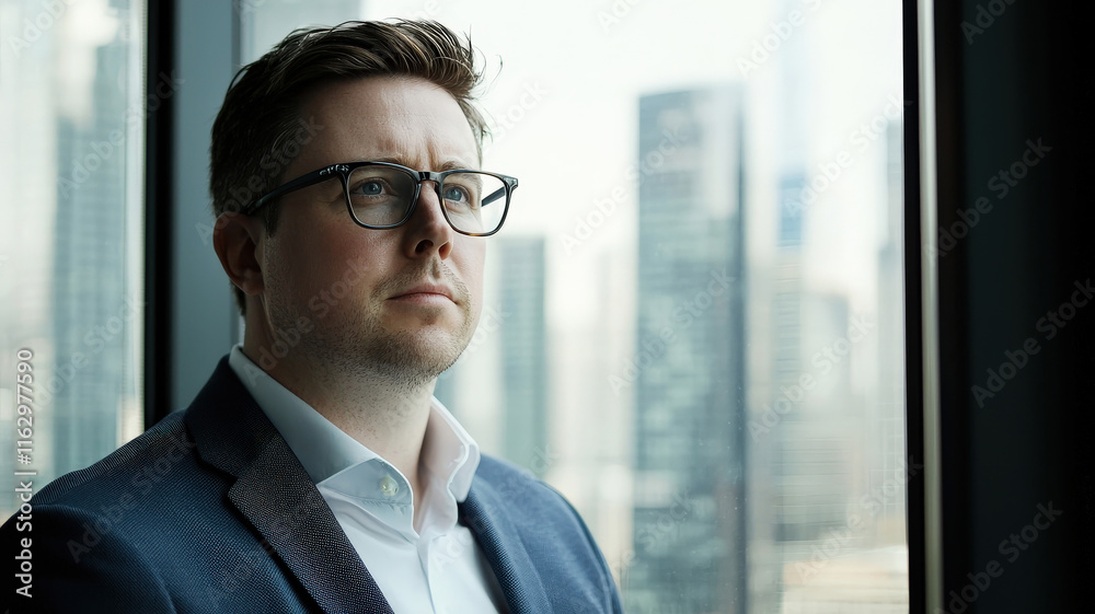 A business executive wearing glasses stands confidently in front of a large window, showcasing a panoramic view of the bustling city skyline, reflecting ambition and professionalism. A business executive wearing glasses stands confidently in front of a large window, showcasing a panoramic view of the bustling city skyline, reflecting ambition and professionalism.