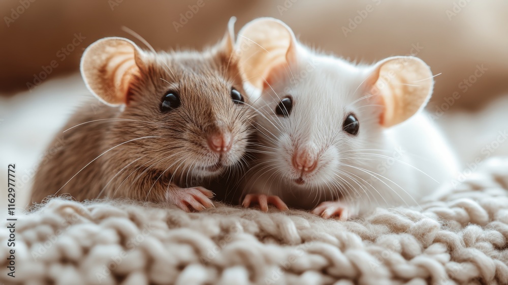 Two adorable mice, one brown and one white, are snuggled closely together on a soft knitted blanket. They have large ears and bright eyes, evoking a sense of warmth and companionship