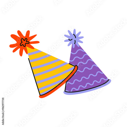 Cute festive cone hats. Simple birthday party hat in bright color with pompon above. Party cone and Christmas cap with cute decoration. Hand drawn vector colorful doodle isolated on white background