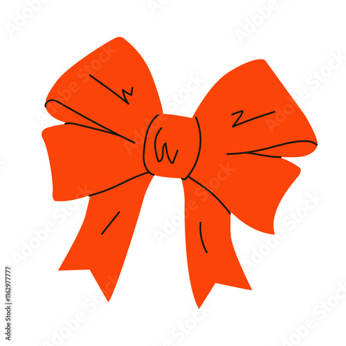 Festive gift bow in cartoon style. Simple decorative bow. Red bow for presents wrapping elements isolated. Gift birthday, Valentine`s xmas March 8 sale decor. For poster, greeting card, invitation