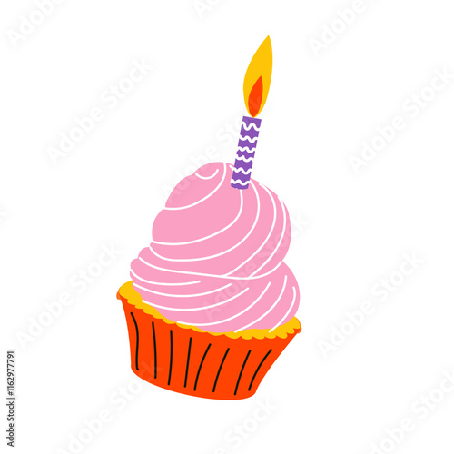 Birthday cupcake with candle icon vector. Delicious sweet icon isolated on a white background Birthday bakery with burning candle drawing For poster, greeting card, invitation flyer, banner invitation