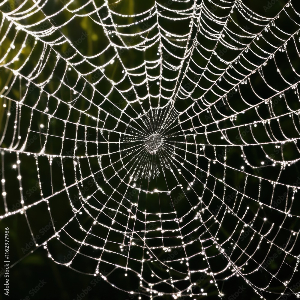 Obraz premium A dew-laden spiderweb shimmers in the darkness capturing the intricate beauty of nature's delicate artistry.