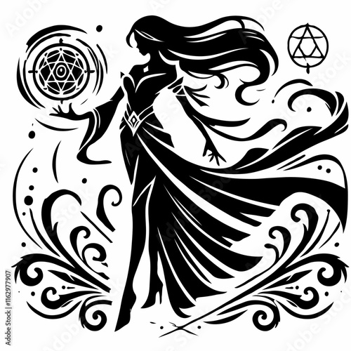 Silhouette of a woman with flowing dress and magical symbols
