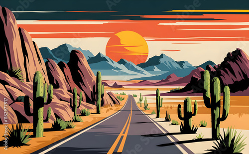 Road through desert in Mexico or southern USA, classic landscape with sand, rocks and cacti, illustration for web and media