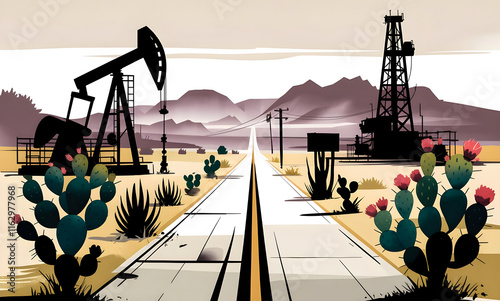 Wallpaper Mural Classic Texas landscape, desert road and oil rigs pumping oil and oil rig, illustration for web and media Torontodigital.ca