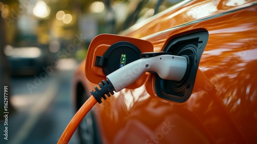 An electric vehicle is charging at a station in a modern urban setting. The vibrant orange car is plugged in, showcasing its eco-friendly technology amidst a sunny afternoon