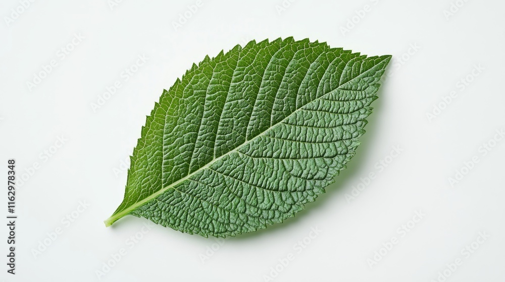 Obraz premium A large green leaf lays flat against a clean white backdrop, showcasing its texture and vibrant color. The arrangement allows for additional text placement