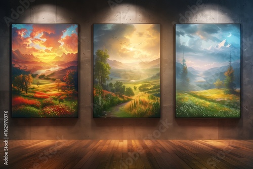 Three vibrant landscape paintings illuminating a gallery wall, showcasing natural beauty and artistic creativity. photo