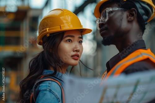 Two construction workers in hard hats discuss project plans at a building site, showcasing teamwork and collaboration. photo