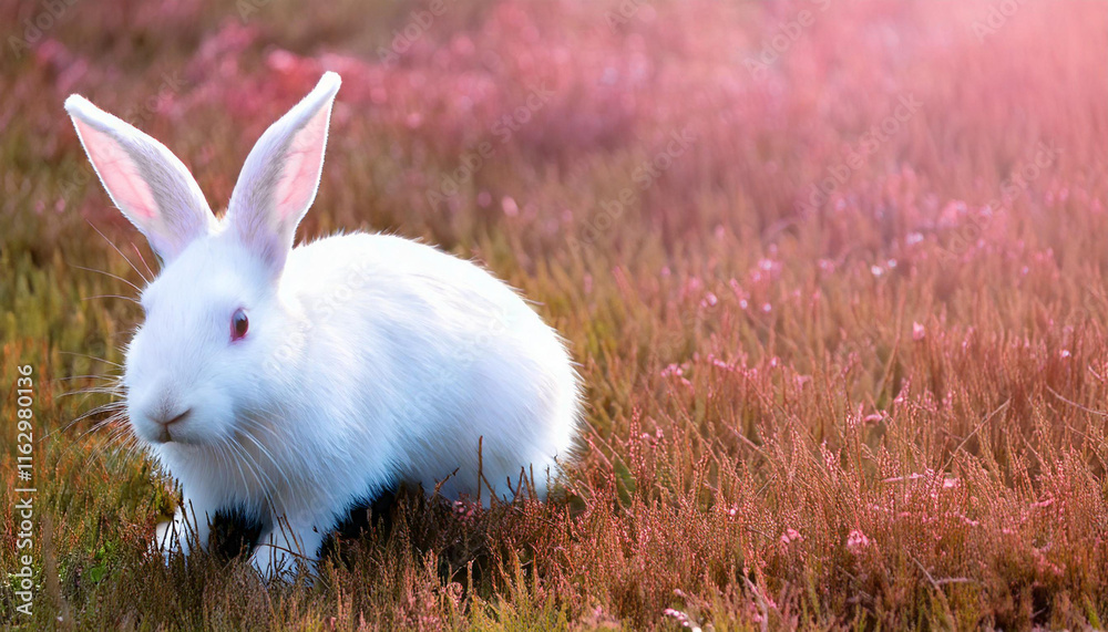 AI generated image of a cute white bunny rabbit in field of grass and flowers. AI generated image of a cute white bunny rabbit in field of grass and flowers.