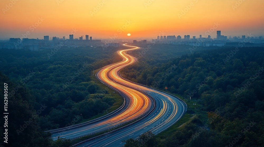 Fototapeta premium Sunset Highway Winding Through City Skyline And Forest