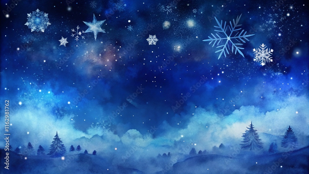 Beautiful dark blue Christmas background with copy space for design or text. Watercolor drawing. Night sky with clouds and snowflakes.
Beautiful dark blue Christmas background with copy space for design or text. Watercolor drawing. Night sky with clouds and snowflakes.