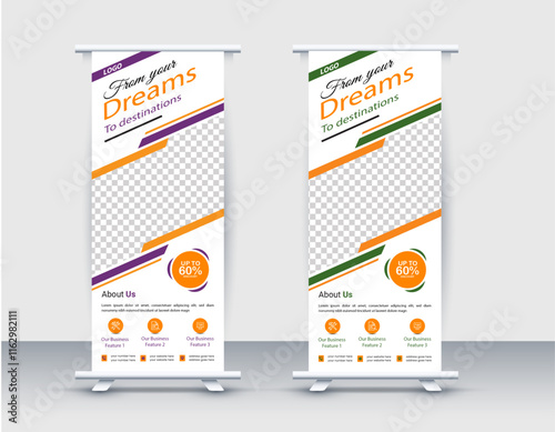 Modern travel business standee rollup banner design vector template.  Roll up banner stand template design, Vector, explore and travel world rollup banner, Standee Design.  