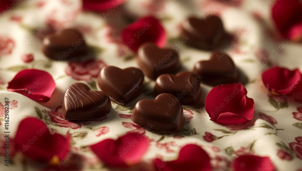 Chocolate hearts and flower petals: A minimalistic setup with chocolate hearts scattered on a floral-printed fabric,
Chocolate hearts and flower petals: A minimalistic setup with chocolate hearts scattered on a floral-printed fabric,