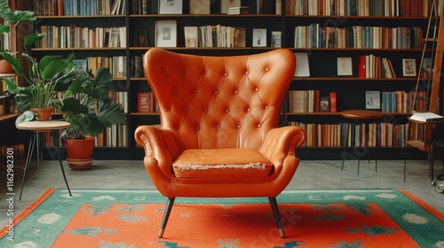 Vintage bookstore ambiance Worn leather armchair with frayed photo