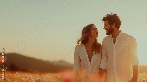 A joyful couple strolling through a picturesque meadow bathed in warm sunset hues, sharing smiles and a deep connection, creating a romantic and idyllic Valentine's Day scene. photo