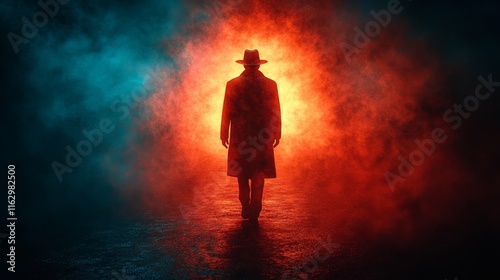 A man in a hat is walking through a foggy, red and blue background