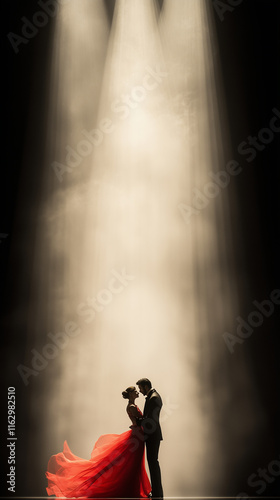 A couple passionately dances in a dimly lit scene, with the woman in a flowing red gown and the man in a classic suit, creating an elegant and romantic Valentine's Day atmosphere. photo