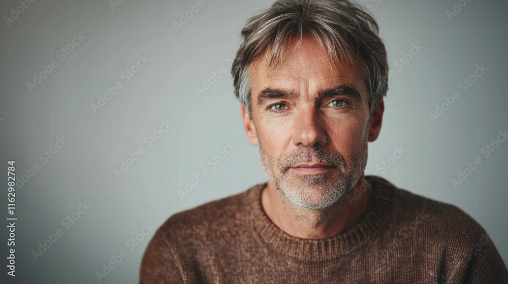 Obraz premium Close-up of a middle-aged man with salt-and-pepper hair, a clean-shaven face, and a thoughtful expression, dressed in a casual sweater, with a smooth gray gradient background