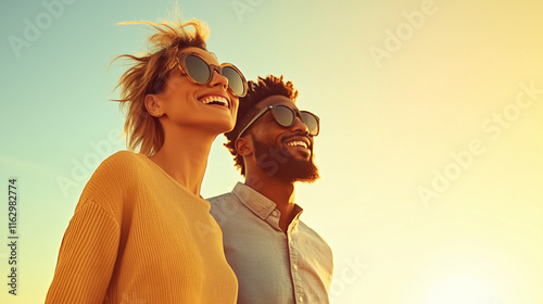 A cheerful couple walking together under a golden sunset, both wearing sunglasses, radiating joy and love, creating a perfect Valentine’s Day atmosphere. photo